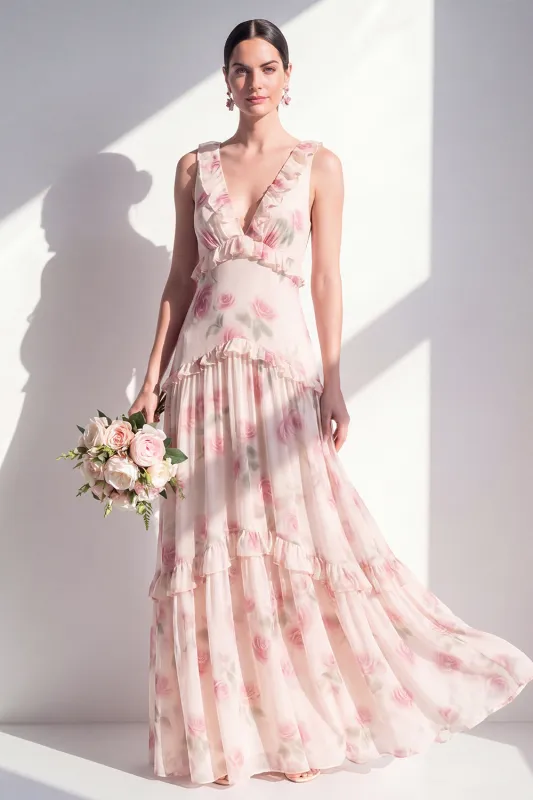 Apricot Floral A-Line V-Neck Chiffon Long Bridesmaid Dress with Ruffles made by Zapaka