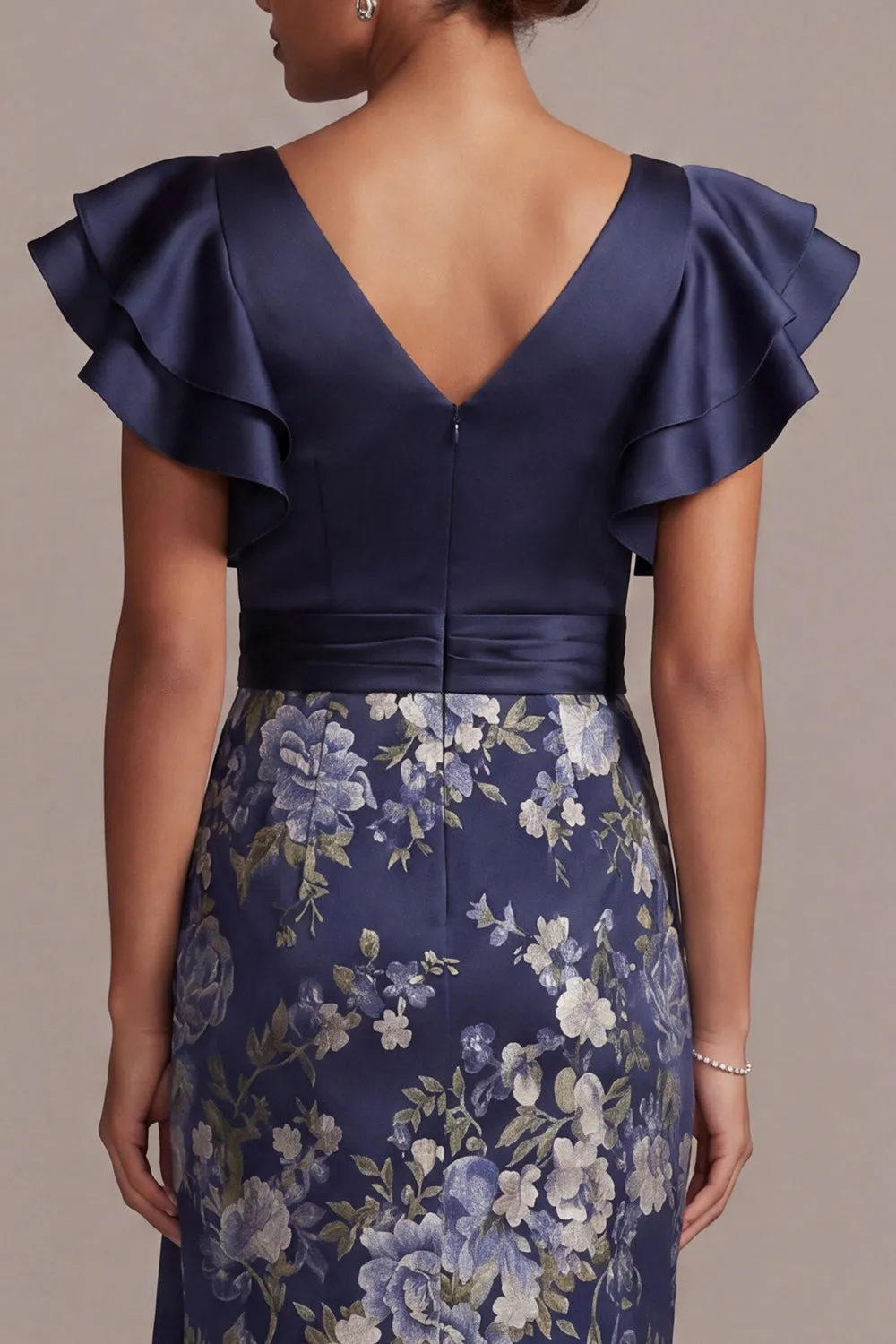 Navy Floral Bodycon V-Neck Ruffled Midi Mother Of the Bride Dress with Slit sold by Zapaka product image thumbnail 5