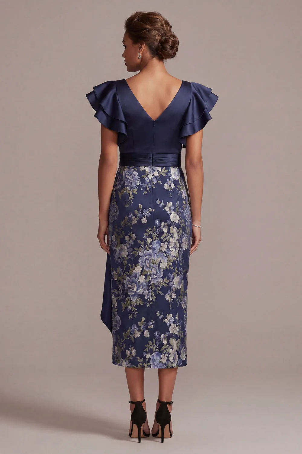Navy Floral Bodycon V-Neck Ruffled Midi Mother Of the Bride Dress with Slit sold by Zapaka product image thumbnail 2