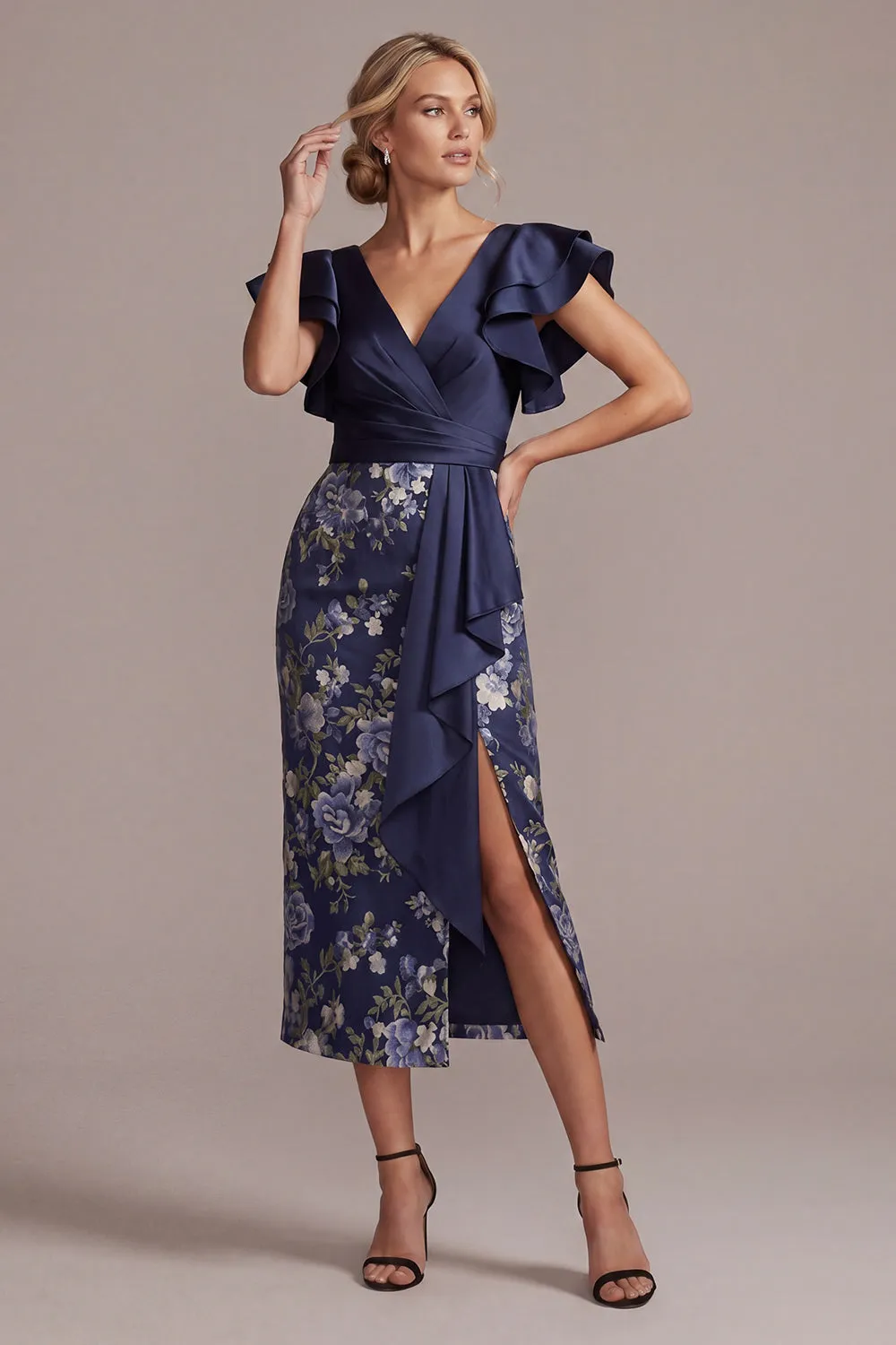 Navy Floral Bodycon V-Neck Ruffled Midi Mother Of the Bride Dress with Slit sold by Zapaka product image thumbnail 3