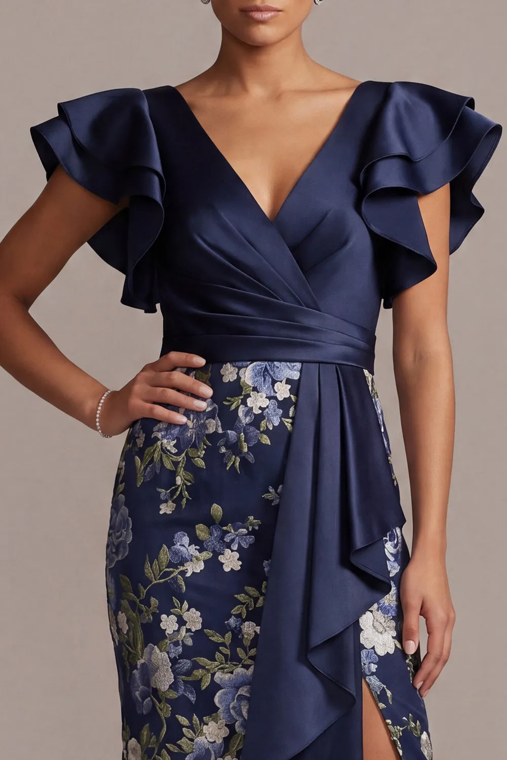 Navy Floral Bodycon V-Neck Ruffled Midi Mother Of the Bride Dress with Slit sold by Zapaka product image thumbnail 4