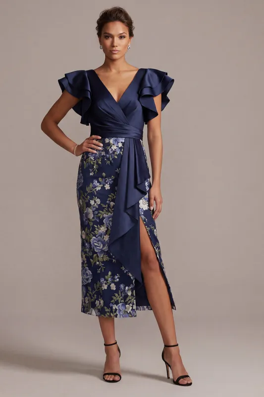 Navy Floral Bodycon V-Neck Ruffled Midi Mother Of the Bride Dress with Slit made by Zapaka