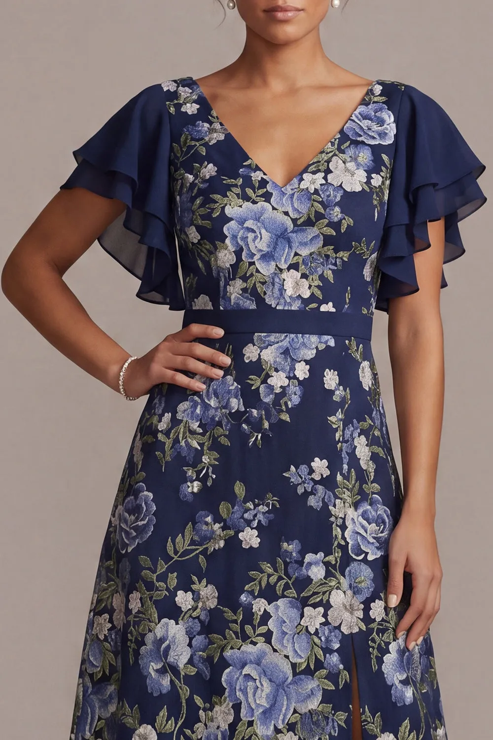 Navy A-Line Floral V-Neck Midi Mother Of the Bride Dress with Slit sold by Zapaka product image thumbnail 4