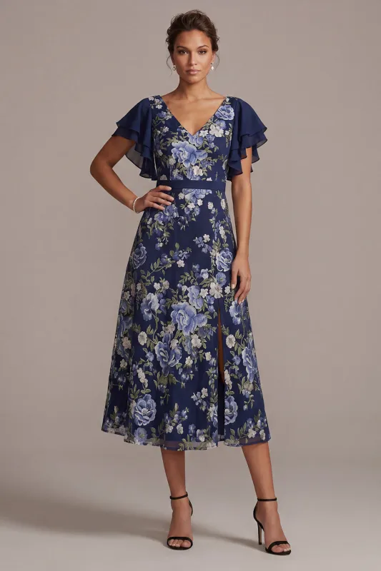 Navy A-Line Floral V-Neck Midi Mother Of the Bride Dress with Slit made by Zapaka