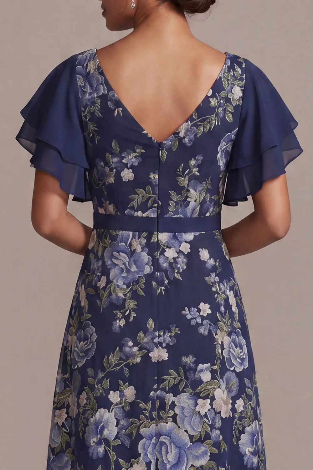 Navy A-Line Floral V-Neck Midi Mother Of the Bride Dress with Slit sold by Zapaka product image thumbnail 5