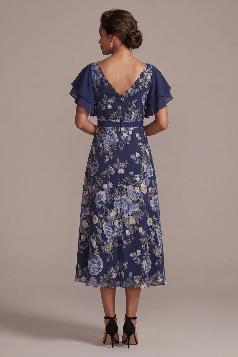 Navy A-Line Floral V-Neck Midi Mother Of the Bride Dress with Slit sold by Zapaka product image thumbnail 2