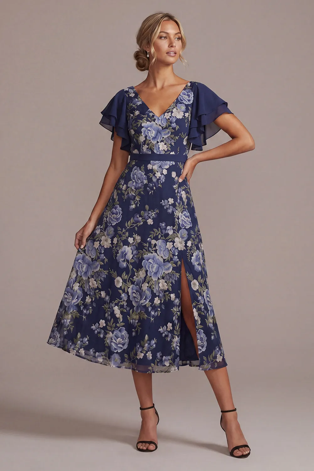 Navy A-Line Floral V-Neck Midi Mother Of the Bride Dress with Slit sold by Zapaka product image thumbnail 3