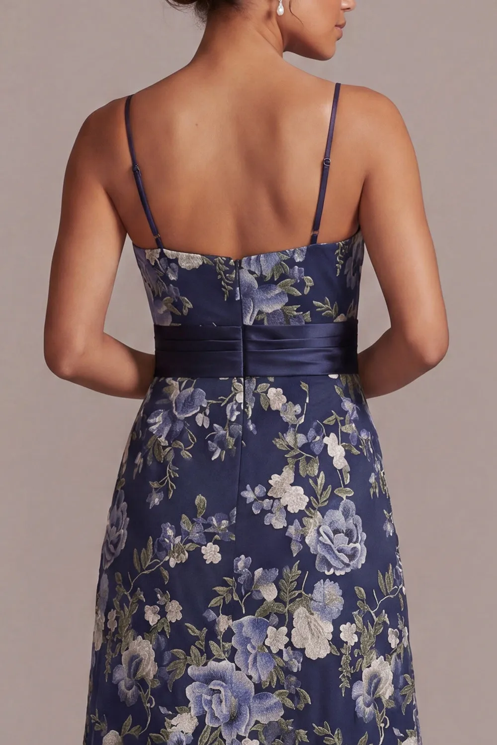 A-Line Navy Floral Spaghetti Straps Midi Mother Of the Bride Dress sold by Zapaka product image thumbnail 5