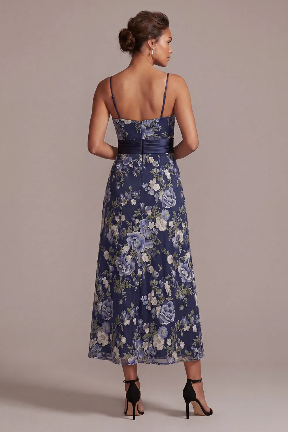 A-Line Navy Floral Spaghetti Straps Midi Mother Of the Bride Dress sold by Zapaka product image thumbnail 2