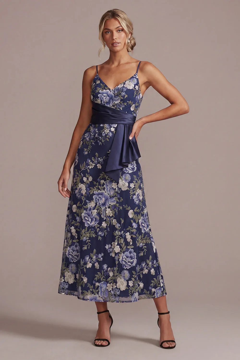 A-Line Navy Floral Spaghetti Straps Midi Mother Of the Bride Dress sold by Zapaka product image thumbnail 3