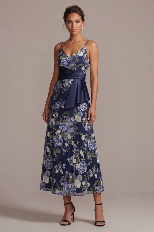 A-Line Navy Floral Spaghetti Straps Midi Mother Of the Bride Dress made by Zapaka