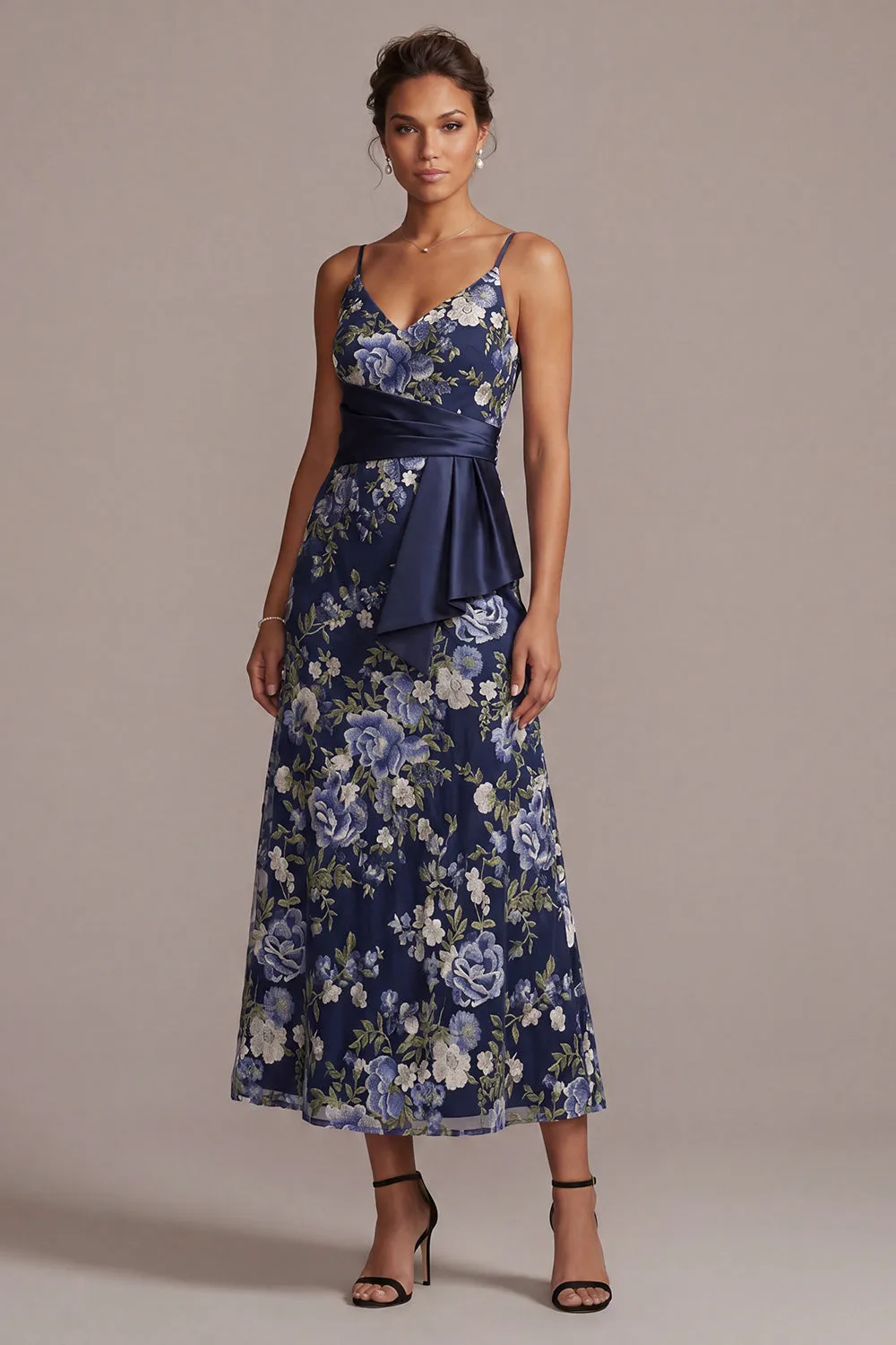 A-Line Navy Floral Spaghetti Straps Midi Mother Of the Bride Dress sold by Zapaka
