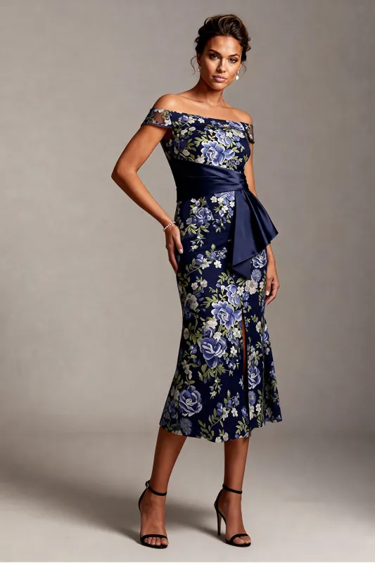 Off the Shoulder Mermaid Navy Floral Jacquard Midi Mother Of the Bride Dress with Slit made by Zapaka