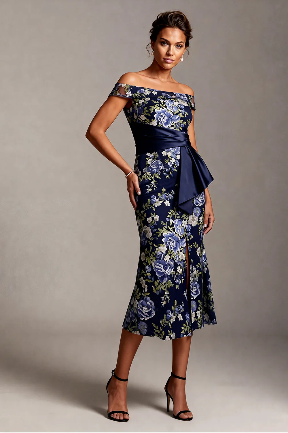 Off the Shoulder Mermaid Navy Floral Jacquard Midi Mother Of the Bride Dress with Slit sold by Zapaka