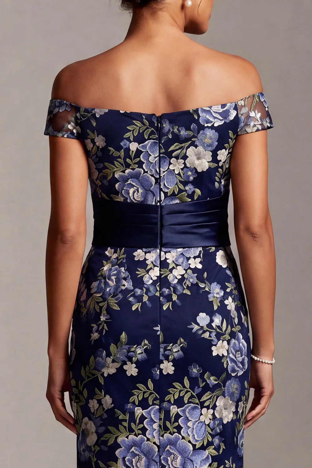 Off the Shoulder Mermaid Navy Floral Jacquard Midi Mother Of the Bride Dress with Slit sold by Zapaka product image thumbnail 5