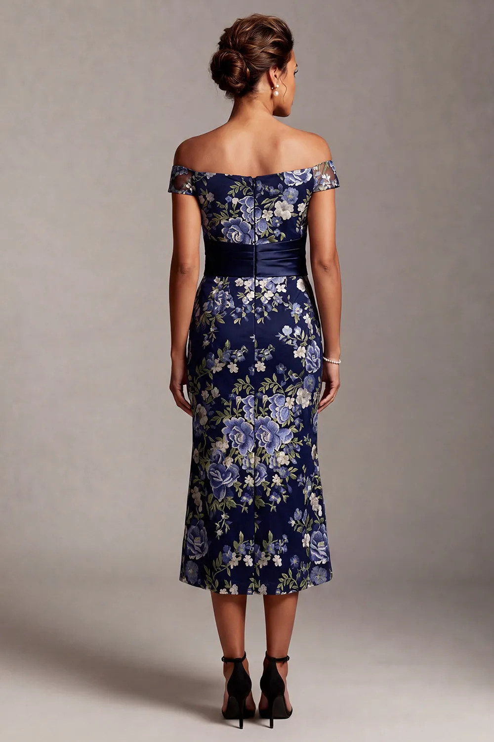 Off the Shoulder Mermaid Navy Floral Jacquard Midi Mother Of the Bride Dress with Slit sold by Zapaka product image thumbnail 2