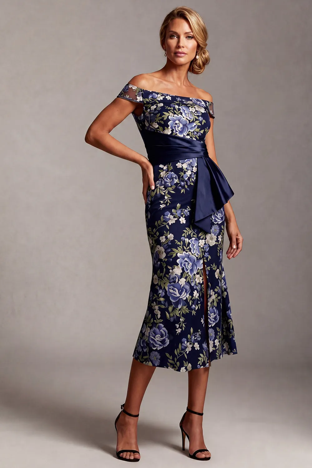Off the Shoulder Mermaid Navy Floral Jacquard Midi Mother Of the Bride Dress with Slit sold by Zapaka product image thumbnail 3