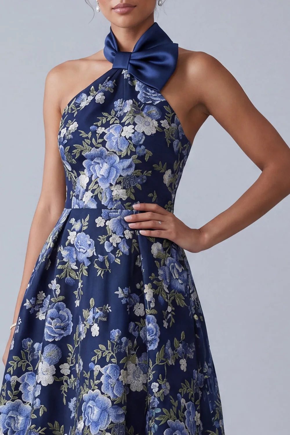 A-Line Navy Floral Halter Neck Jacquard High Low Mother Of the Bride Dress sold by Zapaka product image thumbnail 4