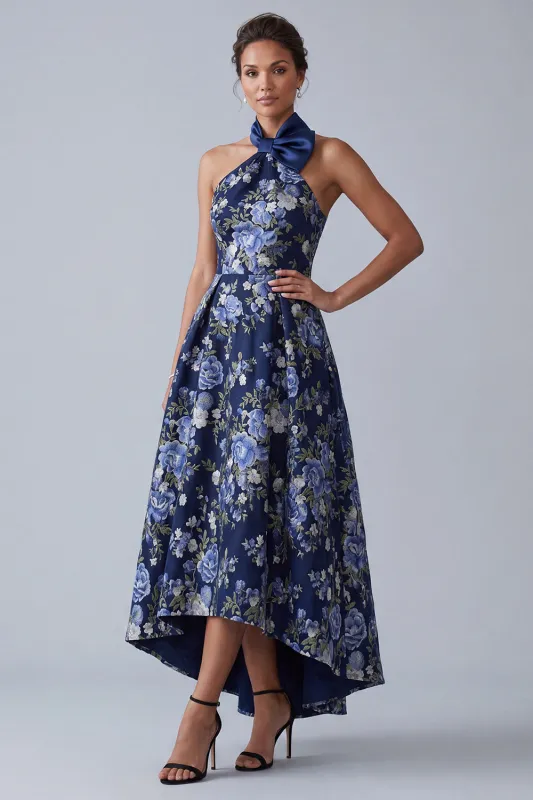 A-Line Navy Floral Halter Neck Jacquard High Low Mother Of the Bride Dress made by Zapaka