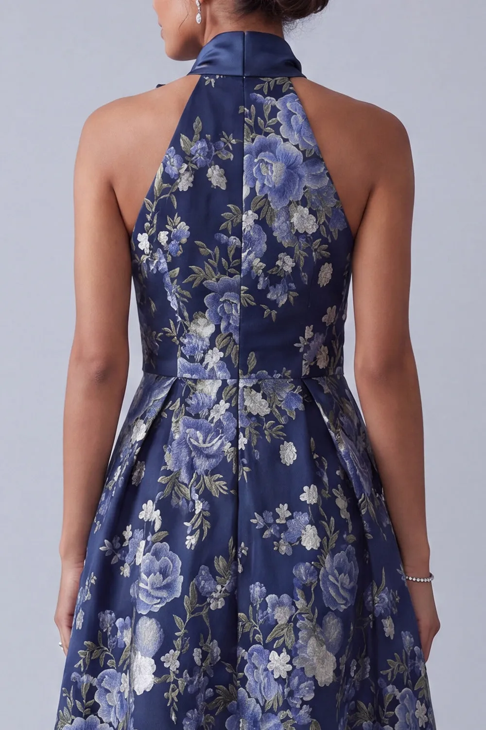 A-Line Navy Floral Halter Neck Jacquard High Low Mother Of the Bride Dress sold by Zapaka product image thumbnail 5