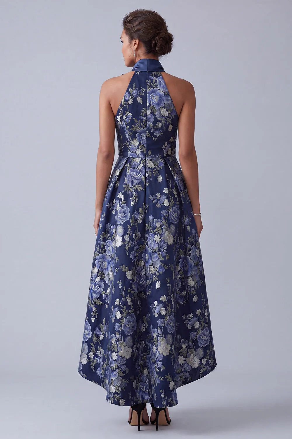 A-Line Navy Floral Halter Neck Jacquard High Low Mother Of the Bride Dress sold by Zapaka product image thumbnail 2