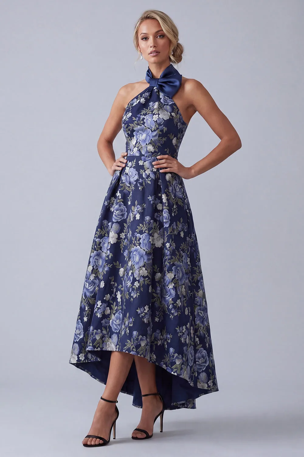 A-Line Navy Floral Halter Neck Jacquard High Low Mother Of the Bride Dress sold by Zapaka product image thumbnail 3