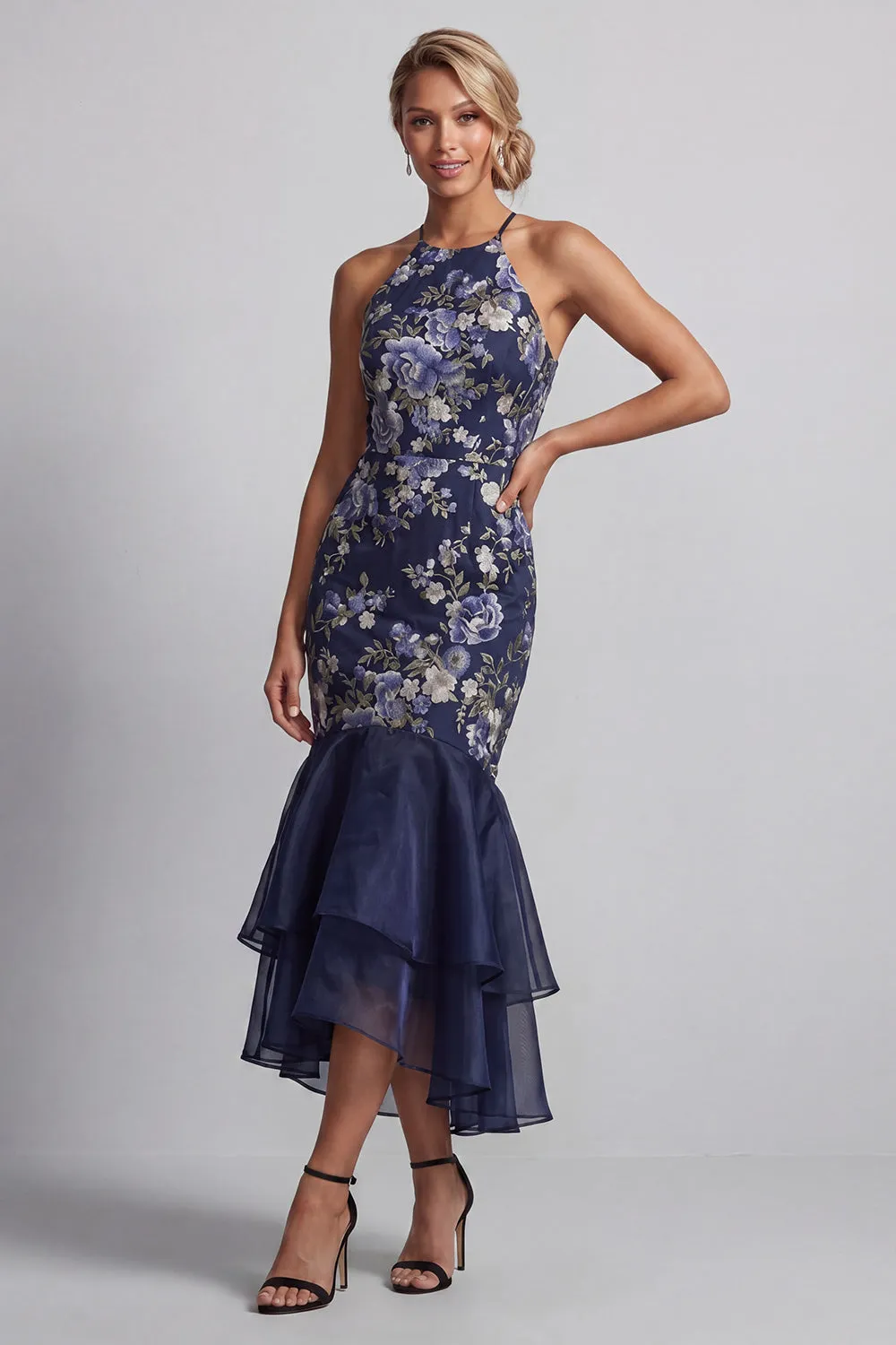 Navy Floral Halter Neck Mermaid Long Mother Of the Bride Dress with Ruffles sold by Zapaka product image thumbnail 3