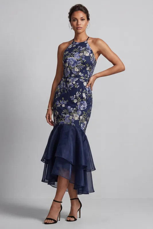Navy Floral Halter Neck Mermaid Long Mother Of the Bride Dress with Ruffles made by Zapaka