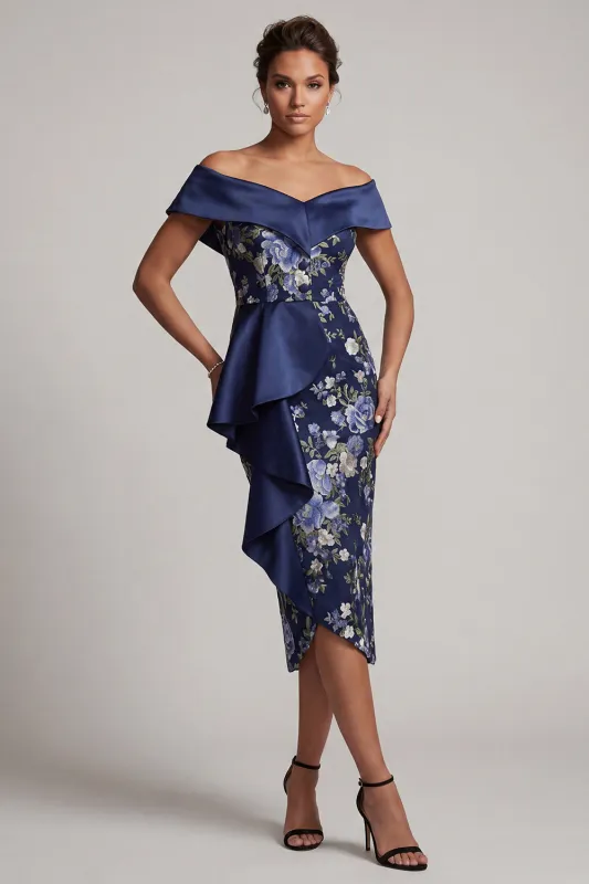 Off the Shoulder Navy Floral Bodycon Midi Mother Of the Bride Dress with Ruffles made by Zapaka