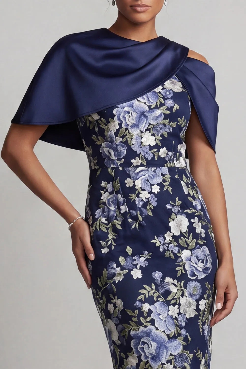 Navy Floral Bodycon Midi Mother Of the Bride Dress with Cape sold by Zapaka product image thumbnail 4
