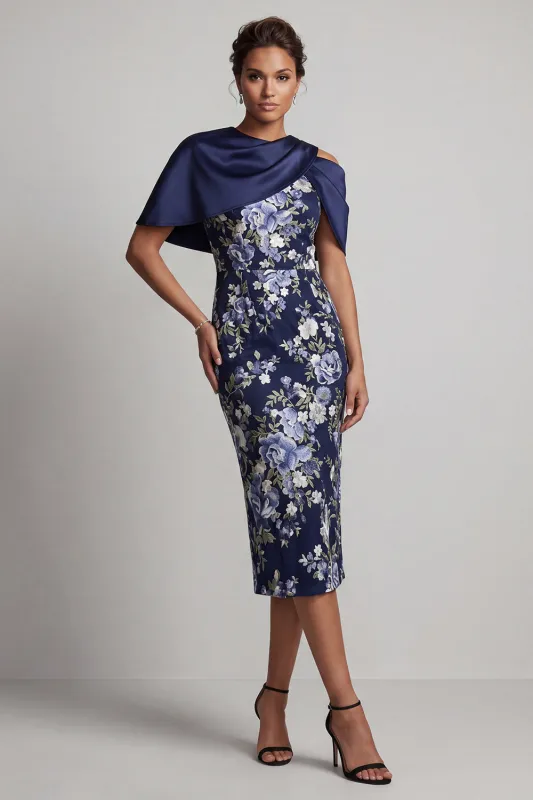 Navy Floral Bodycon Midi Mother Of the Bride Dress with Cape made by Zapaka