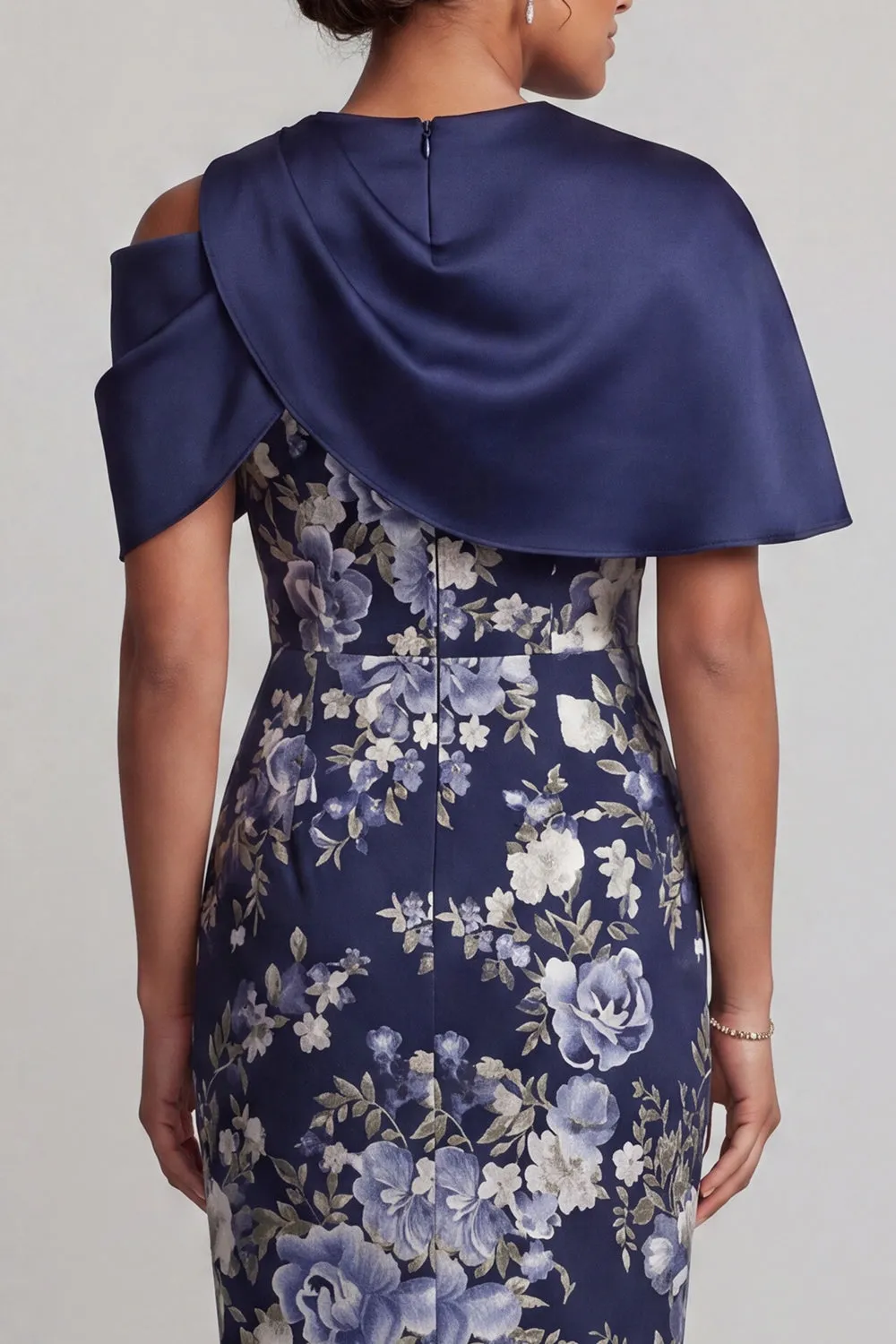 Navy Floral Bodycon Midi Mother Of the Bride Dress with Cape sold by Zapaka product image thumbnail 5