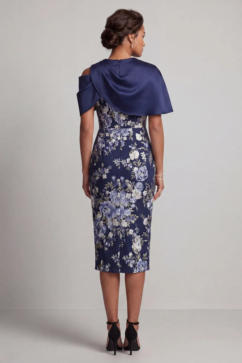 Navy Floral Bodycon Midi Mother Of the Bride Dress with Cape sold by Zapaka product image thumbnail 2