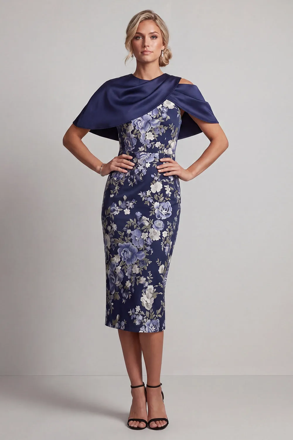 Navy Floral Bodycon Midi Mother Of the Bride Dress with Cape sold by Zapaka product image thumbnail 3