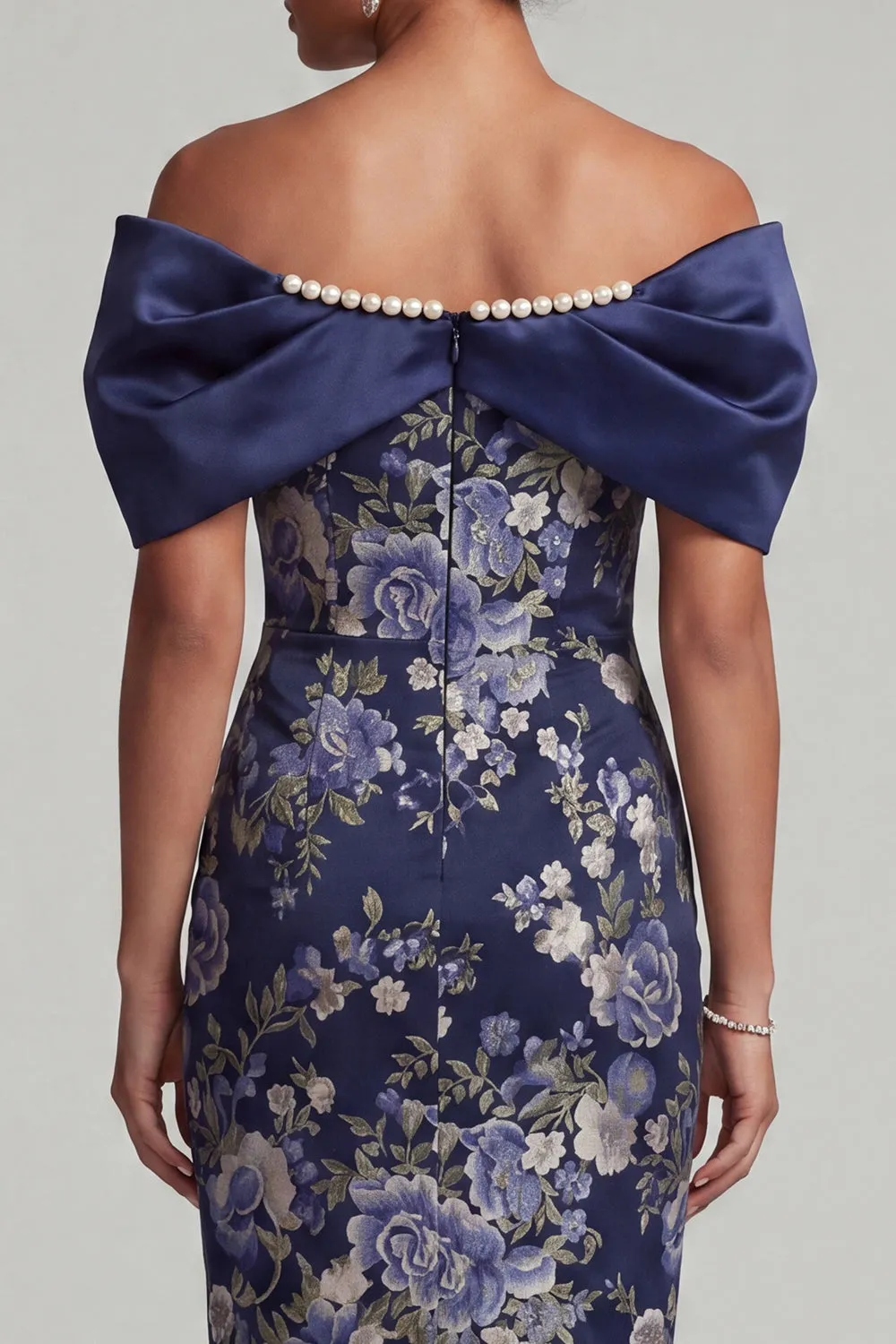 Navy Off the Shoulder Floral Bodycon Midi Mother Of the Bride Dress with Beading sold by Zapaka product image thumbnail 5