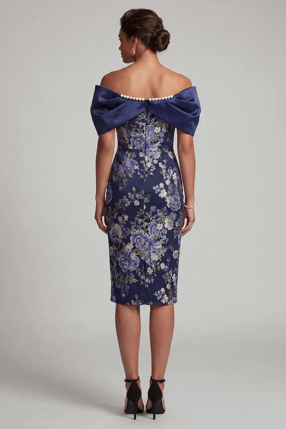 Navy Off the Shoulder Floral Bodycon Midi Mother Of the Bride Dress with Beading sold by Zapaka product image thumbnail 2