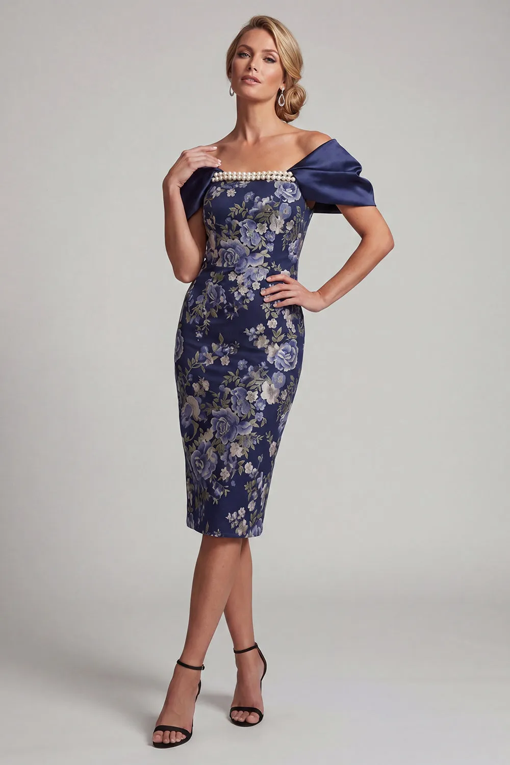 Navy Off the Shoulder Floral Bodycon Midi Mother Of the Bride Dress with Beading sold by Zapaka product image thumbnail 3