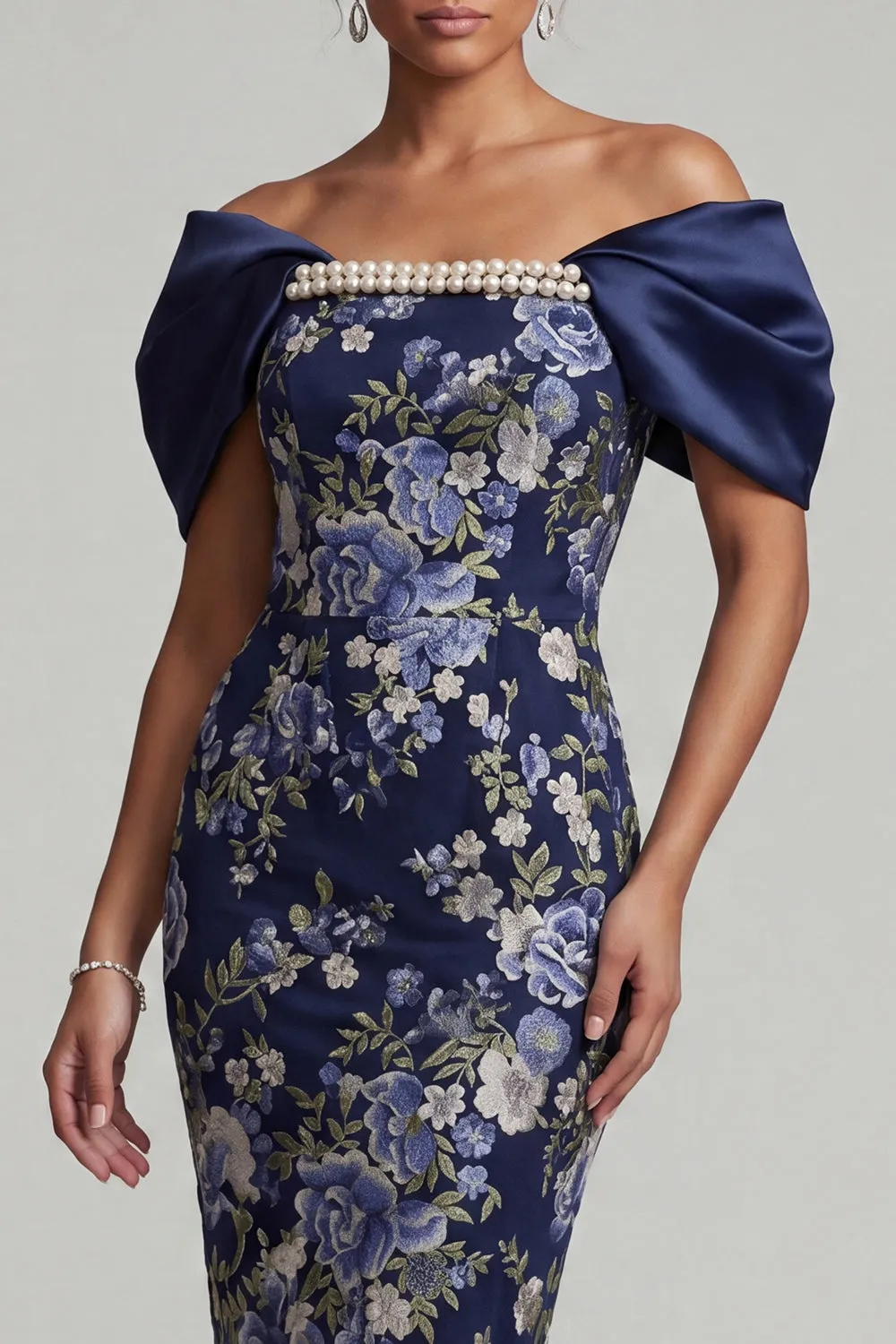 Navy Off the Shoulder Floral Bodycon Midi Mother Of the Bride Dress with Beading sold by Zapaka product image thumbnail 4