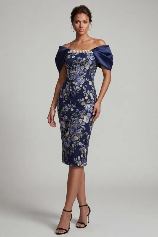Navy Off the Shoulder Floral Bodycon Midi Mother Of the Bride Dress with Beading made by Zapaka