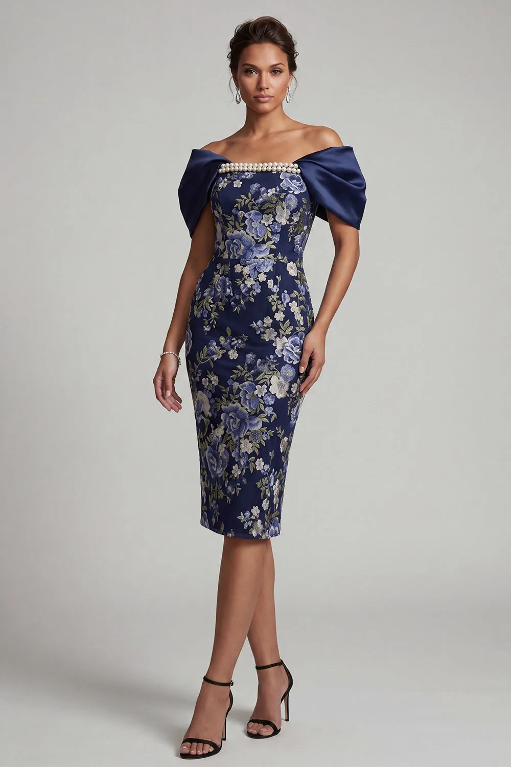 Navy Off the Shoulder Floral Bodycon Midi Mother Of the Bride Dress with Beading sold by Zapaka