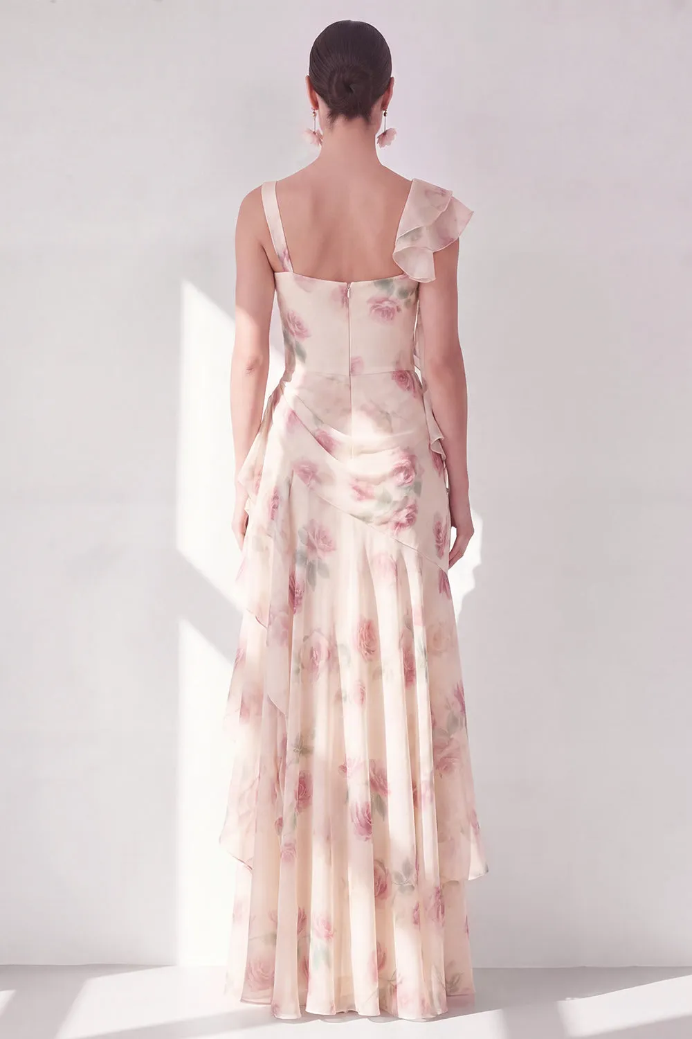 Apricot Mermaid Chiffon Ruched Corset Ruffled Floral Maxi Dress with Slit sold by Zapaka product image thumbnail 2