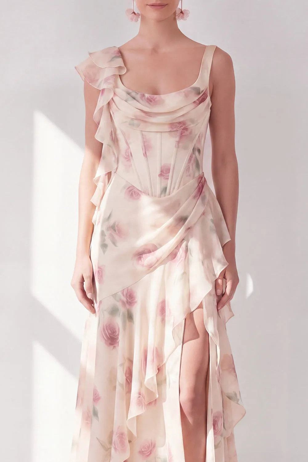 Apricot Mermaid Chiffon Ruched Corset Ruffled Floral Maxi Dress with Slit sold by Zapaka product image thumbnail 3