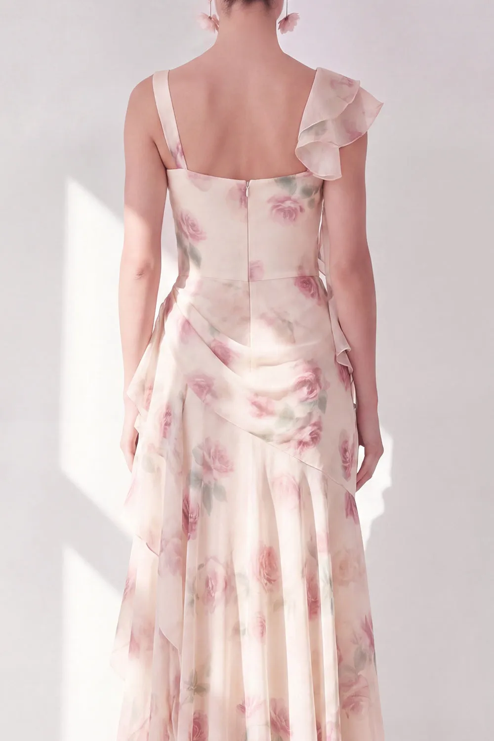 Apricot Mermaid Chiffon Ruched Corset Ruffled Floral Maxi Dress with Slit sold by Zapaka product image thumbnail 4