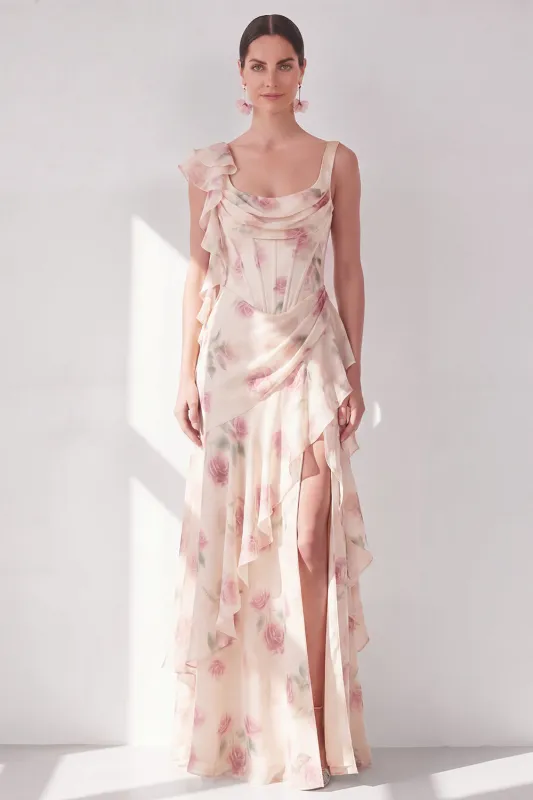 Apricot Mermaid Chiffon Ruched Corset Ruffled Floral Maxi Dress with Slit made by Zapaka