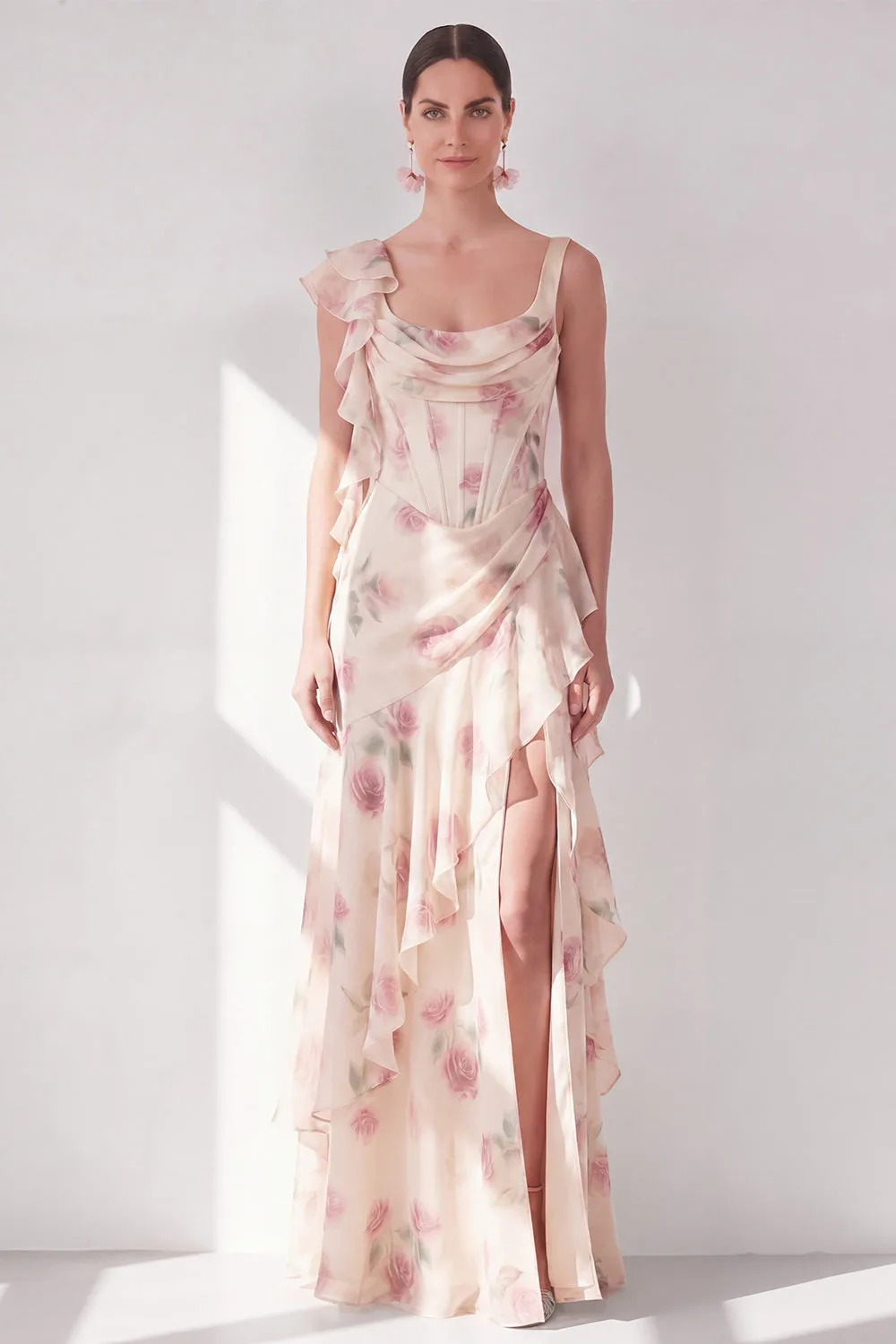 Apricot Mermaid Chiffon Ruched Corset Ruffled Floral Maxi Dress with Slit sold by Zapaka