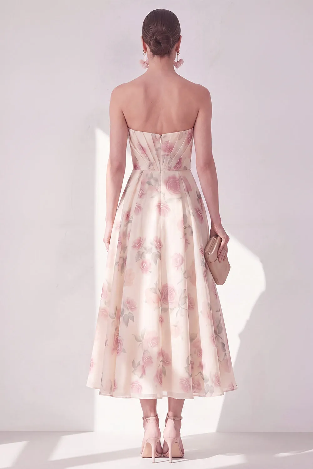 Apricot Strapless Chiffon Ruched A-Line Midi Floral Dress sold by Zapaka product image thumbnail 2
