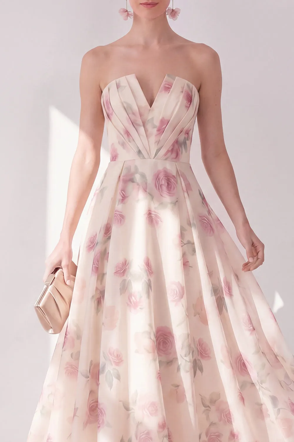 Apricot Strapless Chiffon Ruched A-Line Midi Floral Dress sold by Zapaka product image thumbnail 3