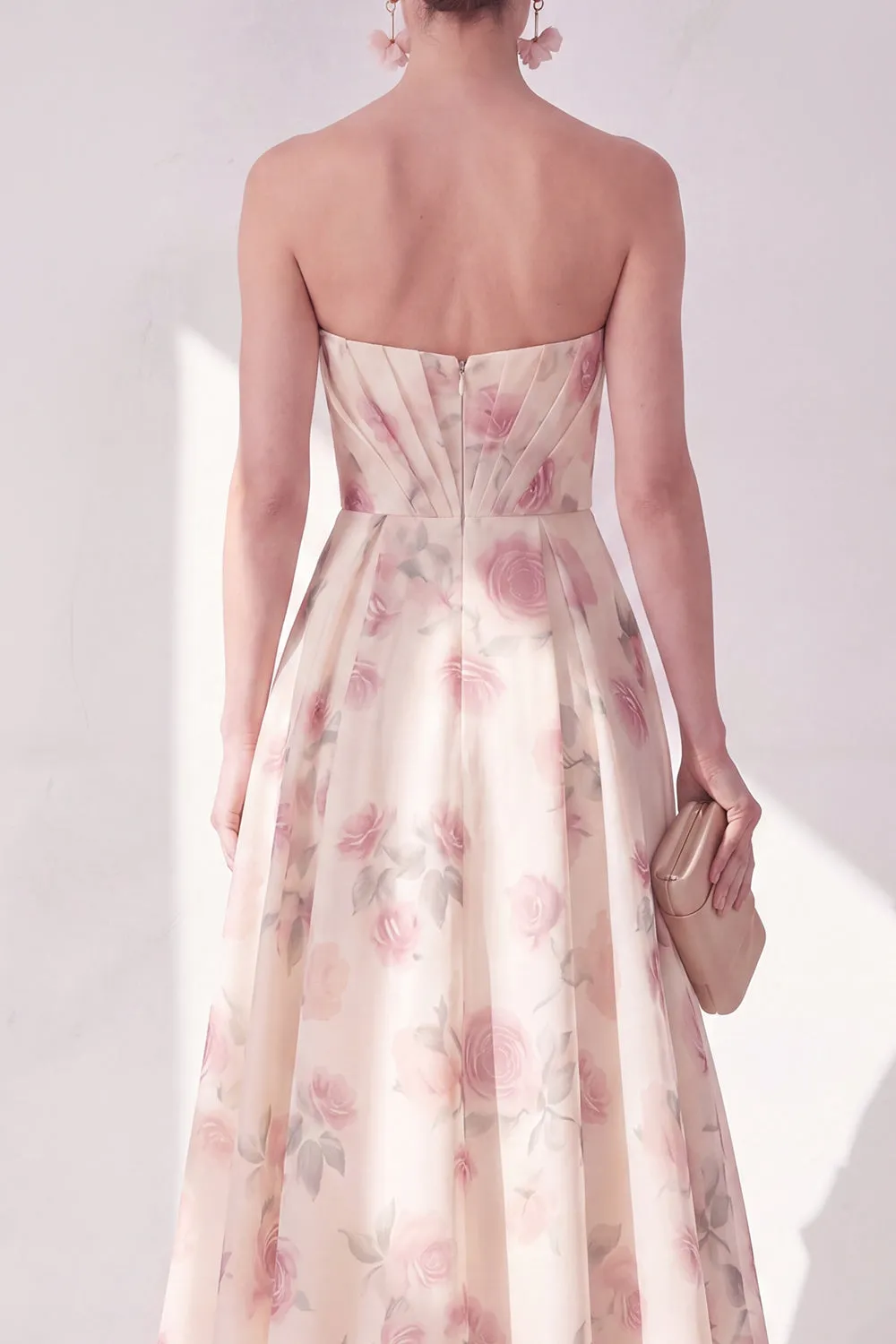 Apricot Strapless Chiffon Ruched A-Line Midi Floral Dress sold by Zapaka product image thumbnail 4