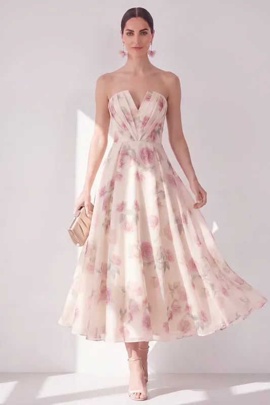 Apricot Strapless Chiffon Ruched A-Line Midi Floral Dress made by Zapaka