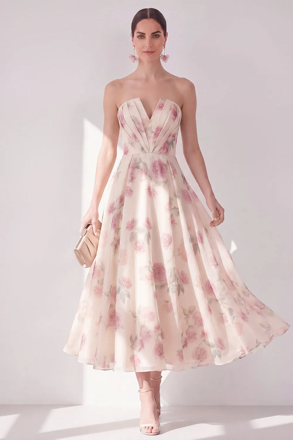 Apricot Strapless Chiffon Ruched A-Line Midi Floral Dress sold by Zapaka